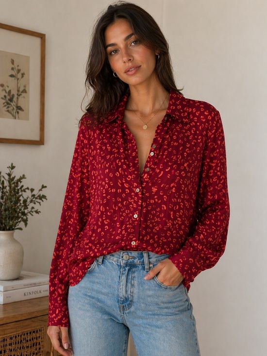 Anthropologie Tops - Farm Rio x Anthropologie Red Print Blouse Boho Chic Button Down Size L